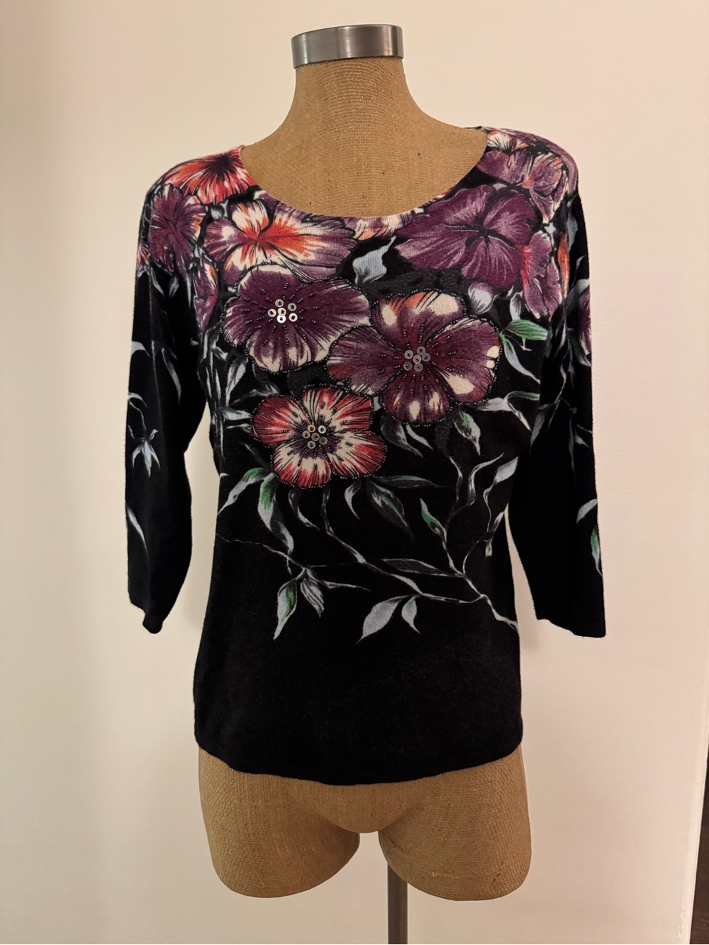 Black Floral Scoop Neck Women's Sweater with Purple & Pink Blooms